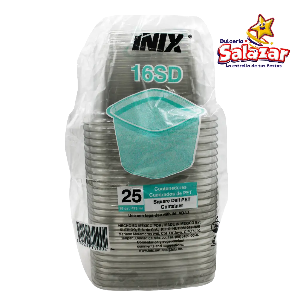 CONTENEDOR CUADRADO PET 16 OZ 11.4 X 7.4 CM INIX 16SD  -B.25PZA- "C/20/25"