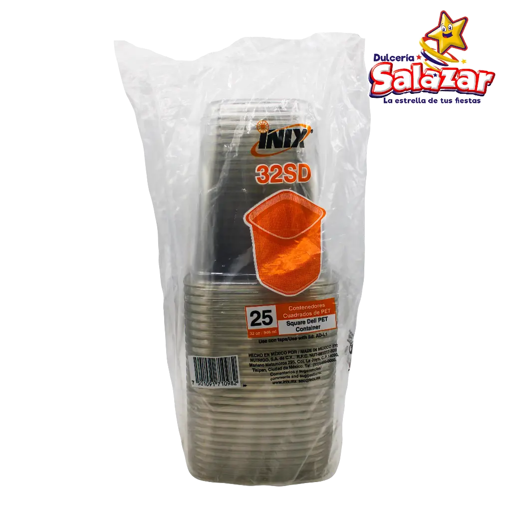 CONTENEDOR CUADRADO PET 32 OZ 11.4 X 13.1 CM INIX 32SD -B.946ML- "C/20/25"