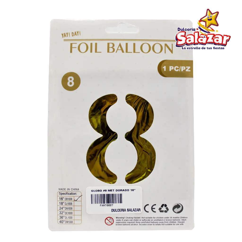 [FANT0087] GLOBO #8 METALICO DORADO 16 FANTASIA 20 -B.1PZA-"C/1/1"