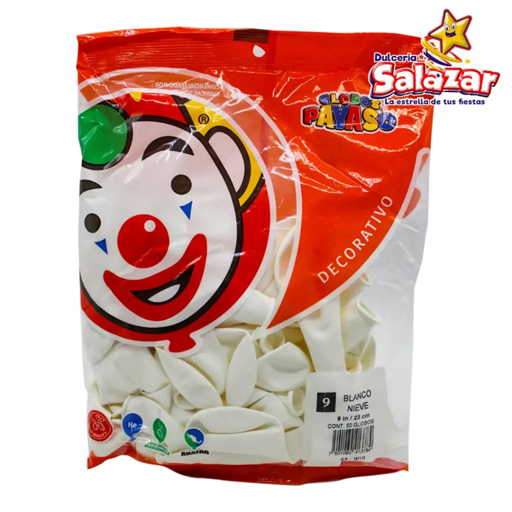 GLOBO #9 DEC. BLANCO NIEVE PAYASO -B.50P- "C/100/50"