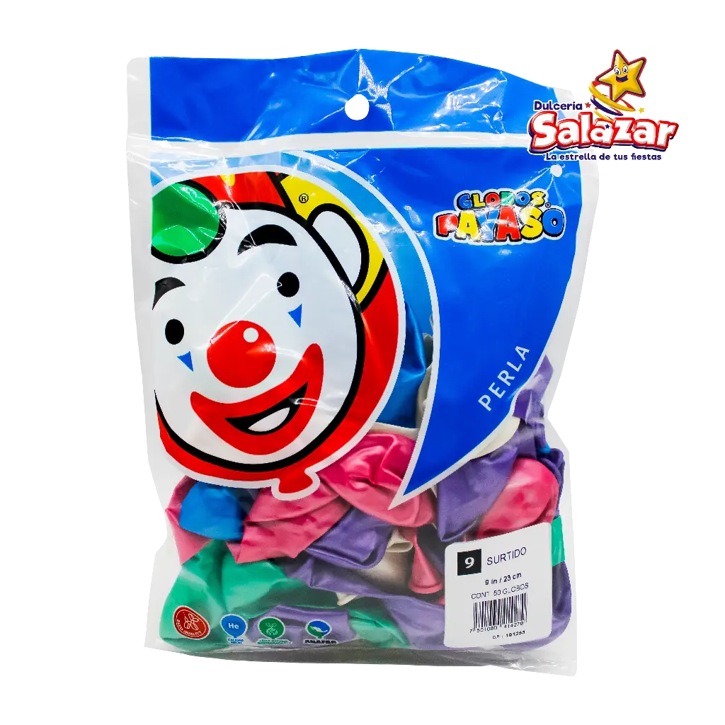 GLOBO #9 METALICO PERLA SURTIDO PAYASO -B.50PZA-"C/100/50"