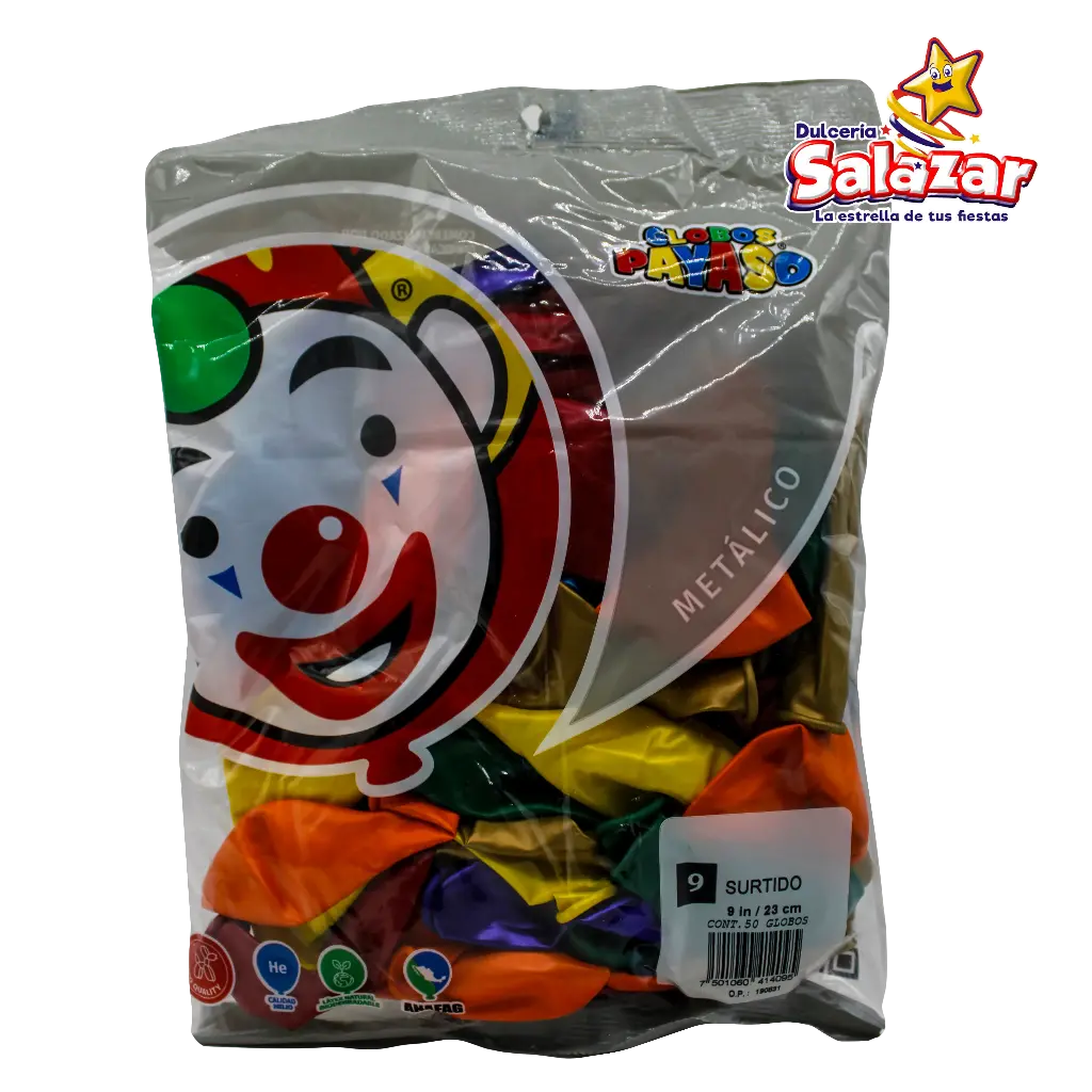 [SEL0105] GLOBO #9 METALICO SURTIDO PAYASO -B.50PZA- "C/100/50"