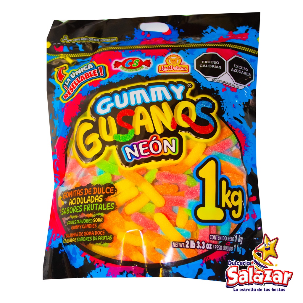 [DEL0006] GUMMY GUSANOS NEON DELICIAS -B.1KG.- "C/10/1"