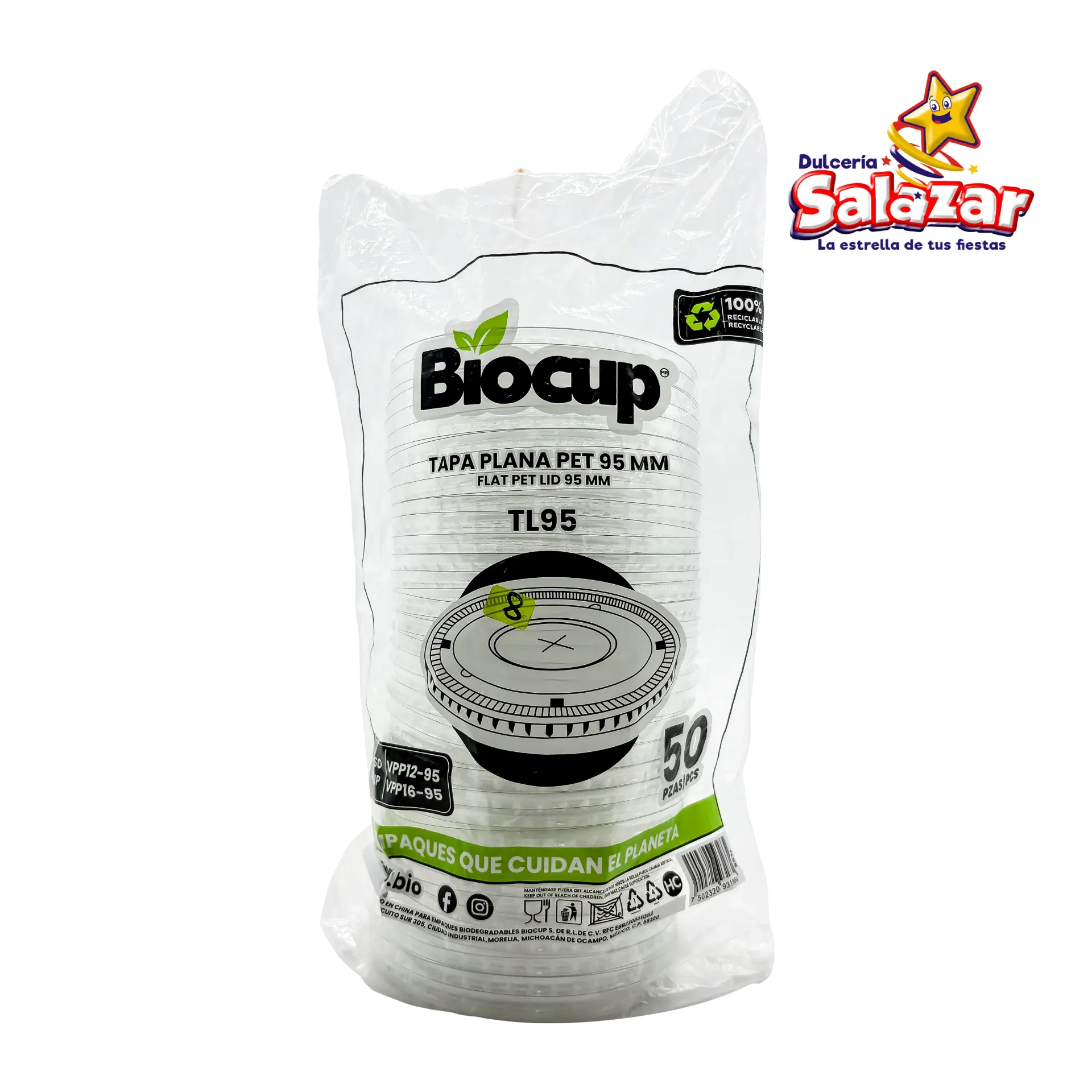 TAPA PET BIOCUP NO. TL95 P/VASO PP 12/16OZ PLANA "C/20/50"