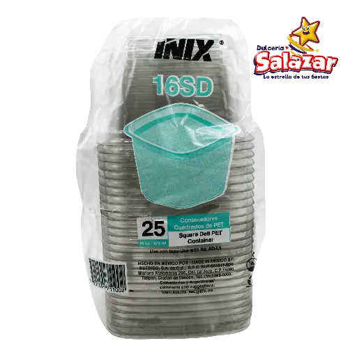 [INIX0018] CONTENEDOR CUADRADO PET 16 OZ 11.4 X 7.4 CM INIX 16SD  -B.25PZA- "C/20/25"