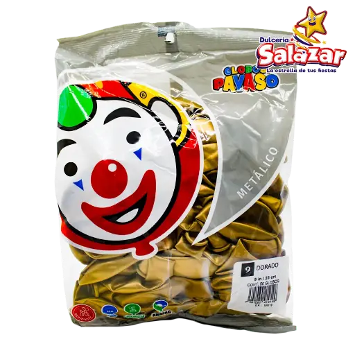 [SEL0019] GLOBO #9 METALICO DORADO PAYASO -B.50P- "C/100/50"