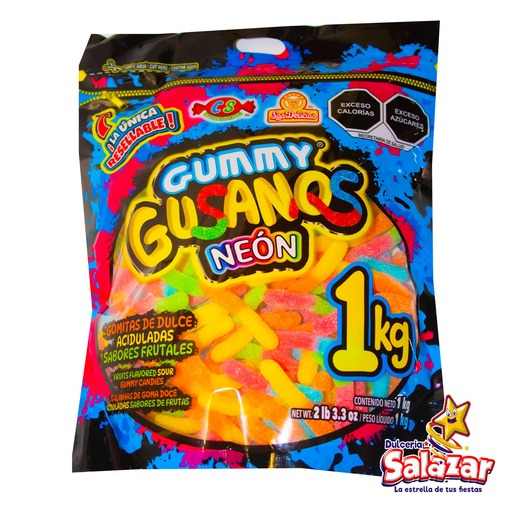 [DEL0006] GUMMY GUSANOS NEON DELICIAS -B.1KG.- "C/10/1"